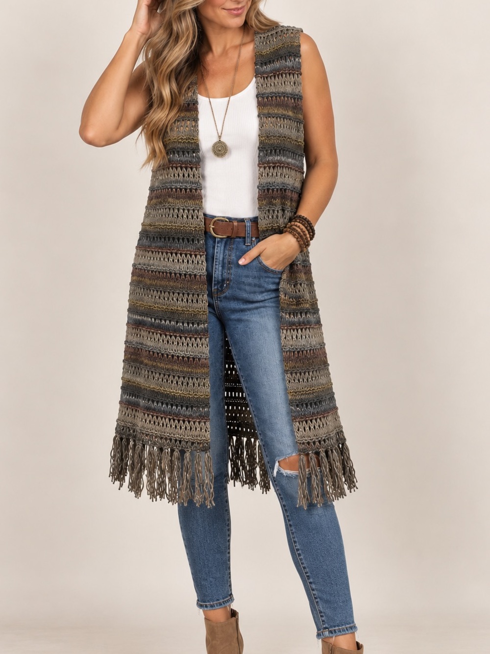 EST. 1946 XL Boho Knit Fringe Vest Duster Open Front Multicolor